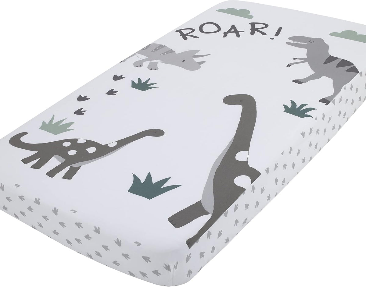 NoJo Baby-Saurus Photo Op ROAR Fitted Crib Sheet, Prehistoric Dinosaur Nursery Bedding, Grey, Sage Green and White