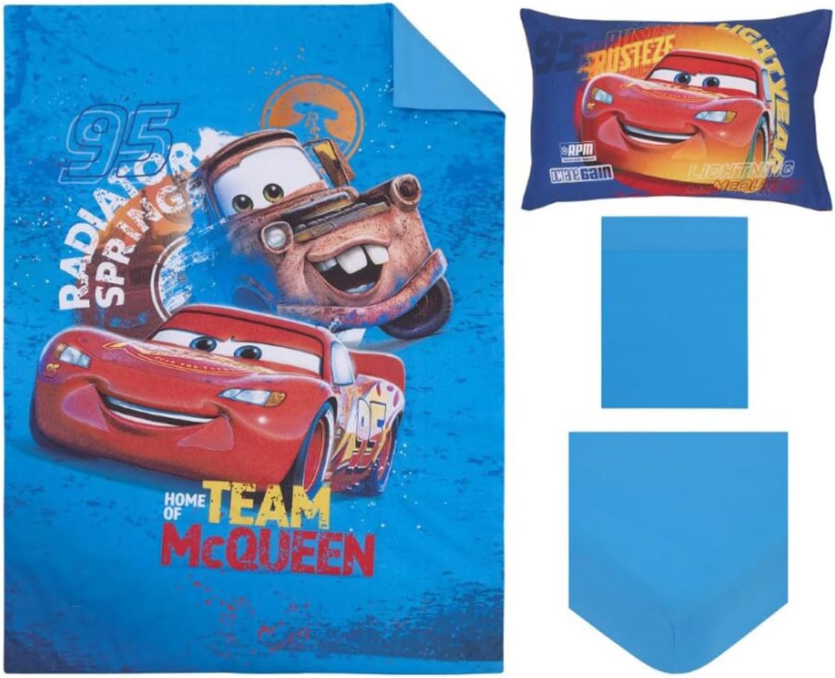 Disney Pixar Cars 4-Piece Toddler Bedding Set, "Home Team McQueen" Comforter, Fitted Sheet, Flat Sheet & Pillowcase, Blue and Red