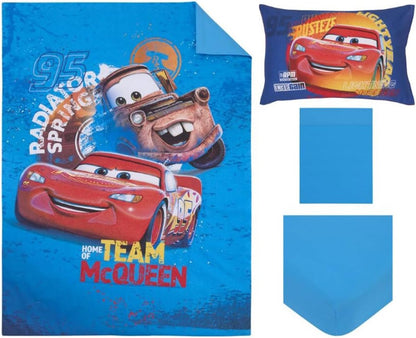 Disney Pixar Cars 4-Piece Toddler Bedding Set, "Home Team McQueen" Comforter, Fitted Sheet, Flat Sheet & Pillowcase, Blue and Red