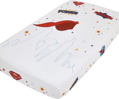 DC Comics Superman Photo Op Fitted Crib Sheet, Metropolis Skyline Superhero Baby Bed Sheet, Red, Blue and White