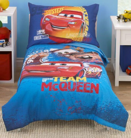 Disney Pixar Cars 4-Piece Toddler Bedding Set, "Home Team McQueen" Comforter, Fitted Sheet, Flat Sheet & Pillowcase, Blue and Red