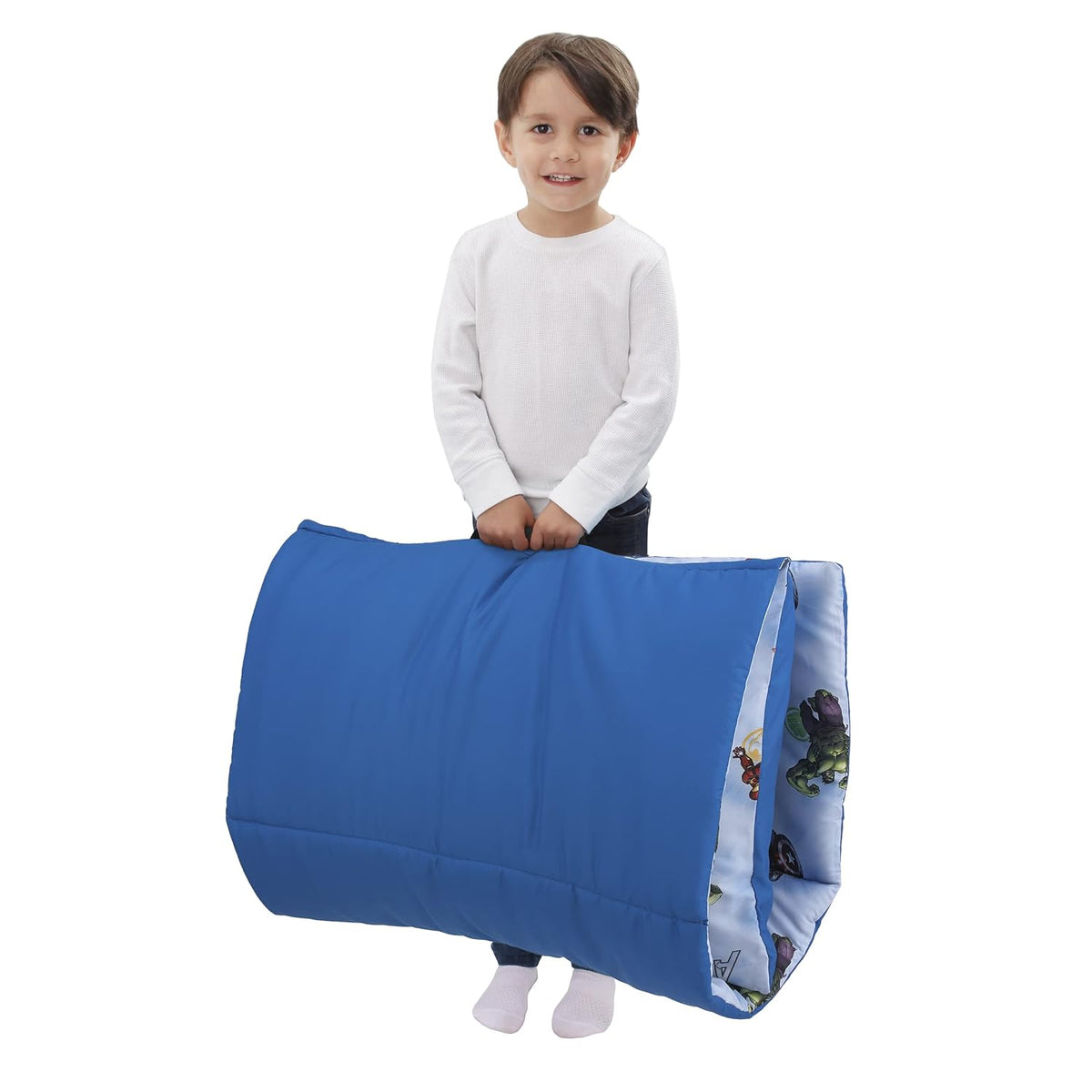 Marvel Avengers Toddler Padded Nap Mat with Built-In Pillow, Daycare Rest Mat, Light Blue