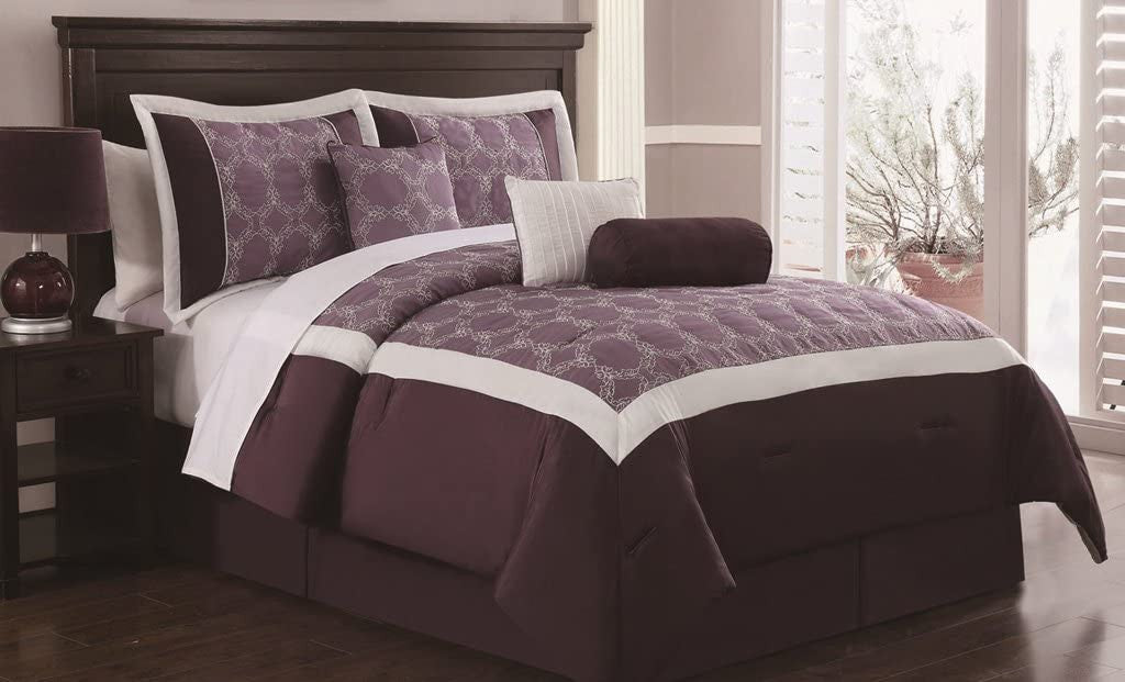 KingLinen 7 Piece Queen Barclay Plum/Ivory Embroidered Comforter Set