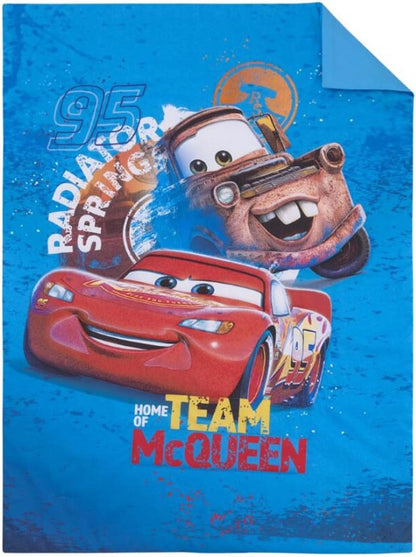 Disney Pixar Cars 4-Piece Toddler Bedding Set, "Home Team McQueen" Comforter, Fitted Sheet, Flat Sheet & Pillowcase, Blue and Red