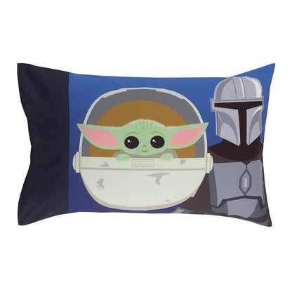 Star Wars The Mandalorian 4-Piece Toddler Bedding Set, Grogu and Mando Comforter, Sheets & Pillowcase, Navy and Orange
