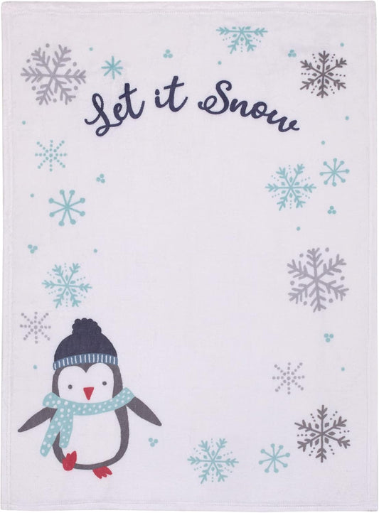 NoJo Winter Penguin "Let It Snow" Photo Op Baby Blanket, 30 x 40 Inches, Blue and White