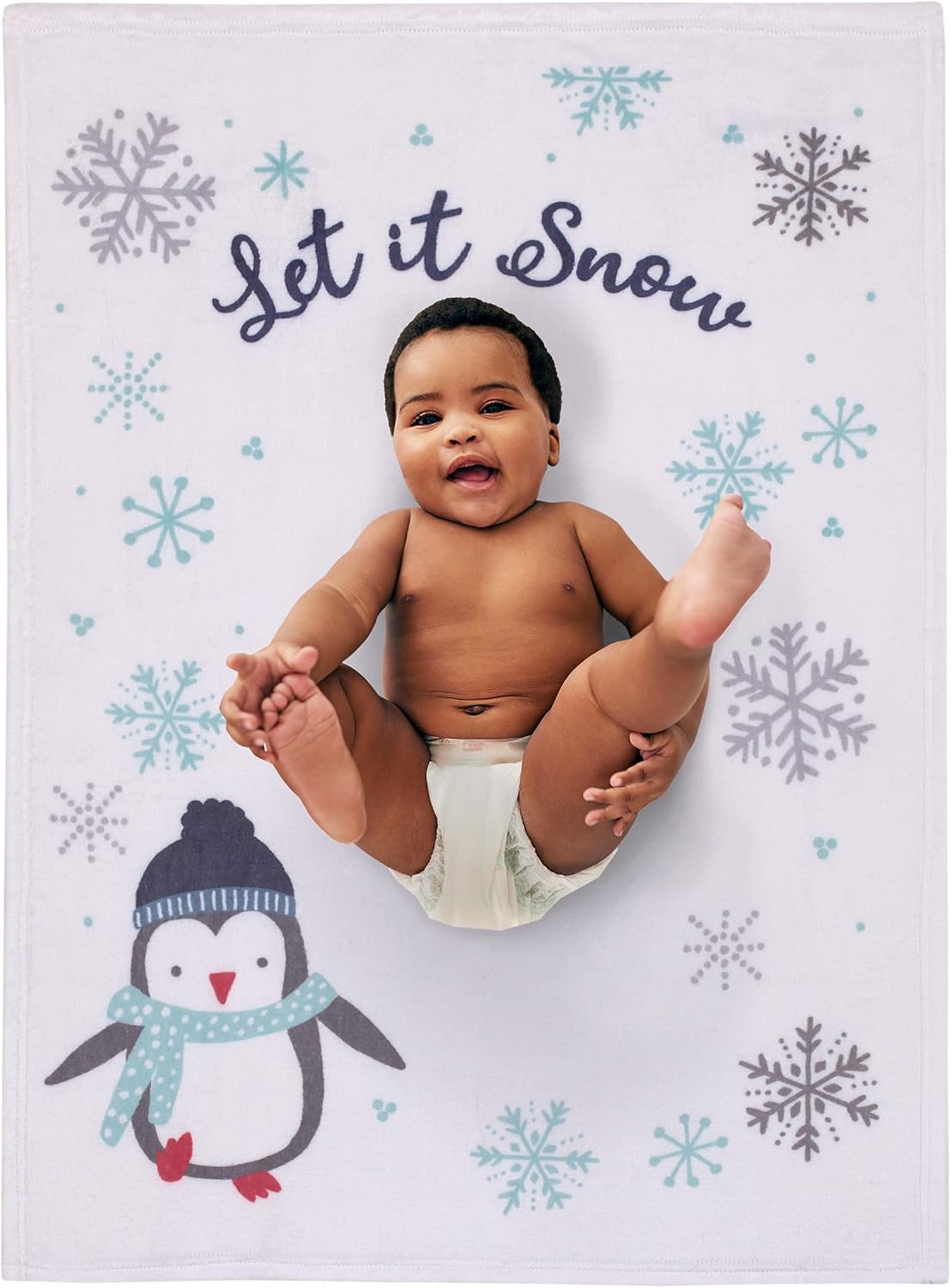 NoJo Winter Penguin "Let It Snow" Photo Op Baby Blanket, 30 x 40 Inches, Blue and White