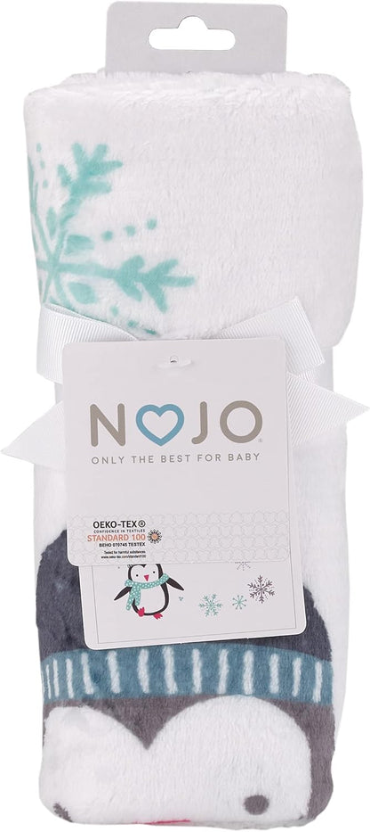 NoJo Winter Penguin "Let It Snow" Photo Op Baby Blanket, 30 x 40 Inches, Blue and White
