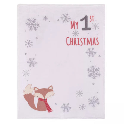 NoJo Woodland Fox "My 1st Christmas" Photo Op Plush Fleece Baby Blanket, 30 x 40 Inches, White and Red