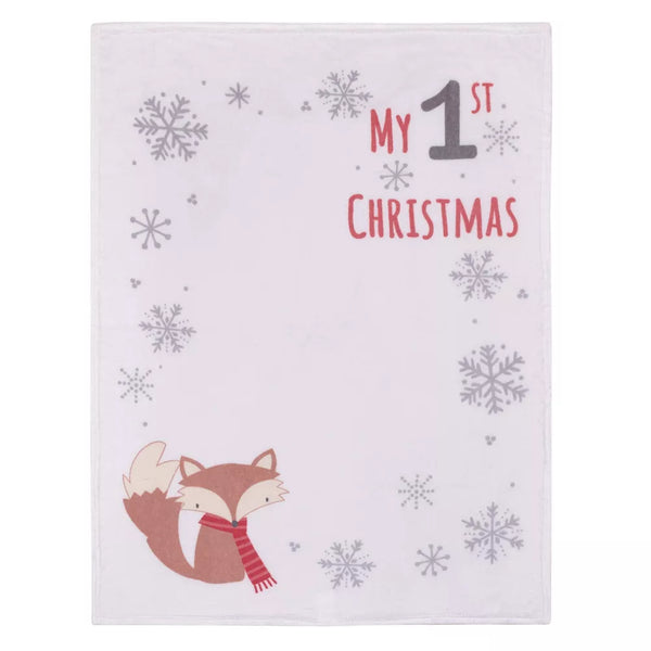 NoJo Woodland Fox "My 1st Christmas" Photo Op Plush Fleece Baby Blanket, 30 x 40 Inches, White and Red