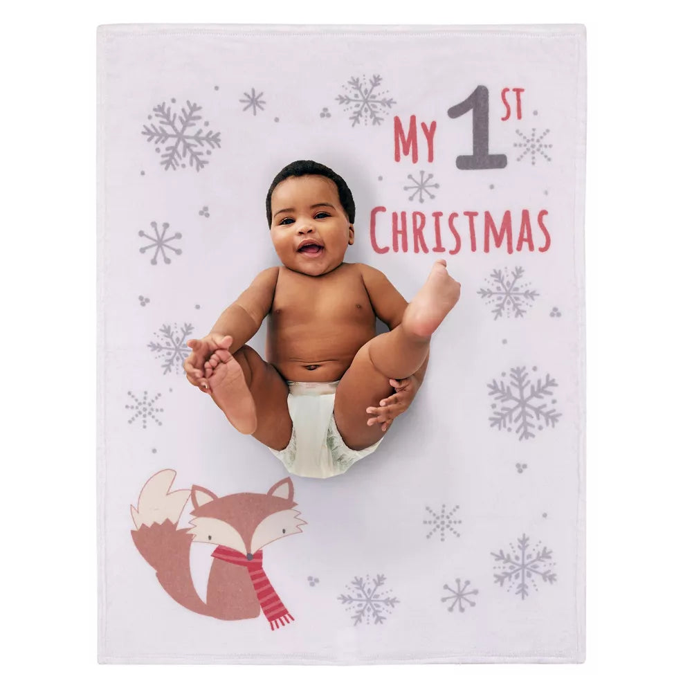 NoJo Woodland Fox "My 1st Christmas" Photo Op Plush Fleece Baby Blanket, 30 x 40 Inches, White and Red