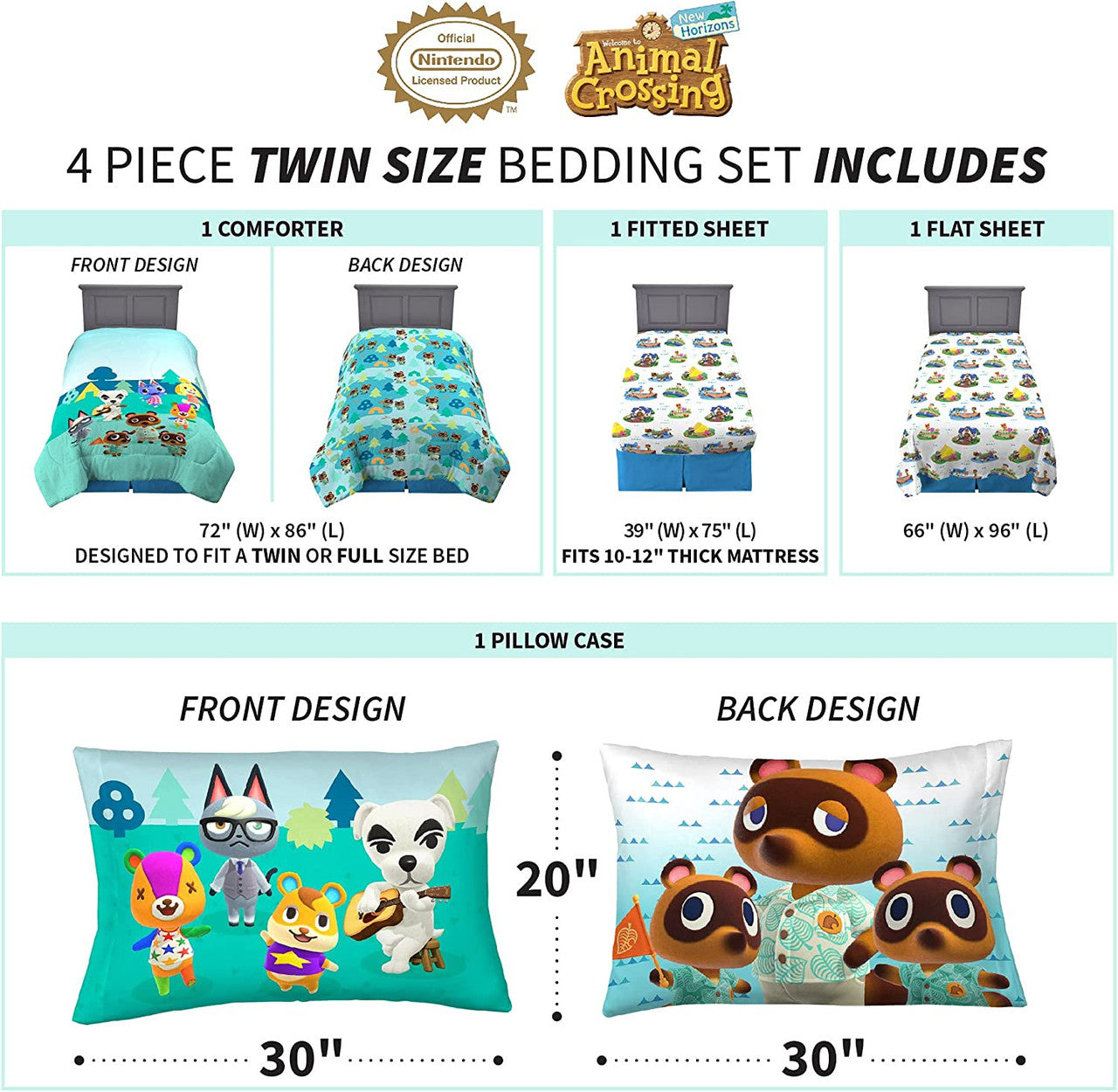 Animal Crossing  4 Pieces Twin Bed Set