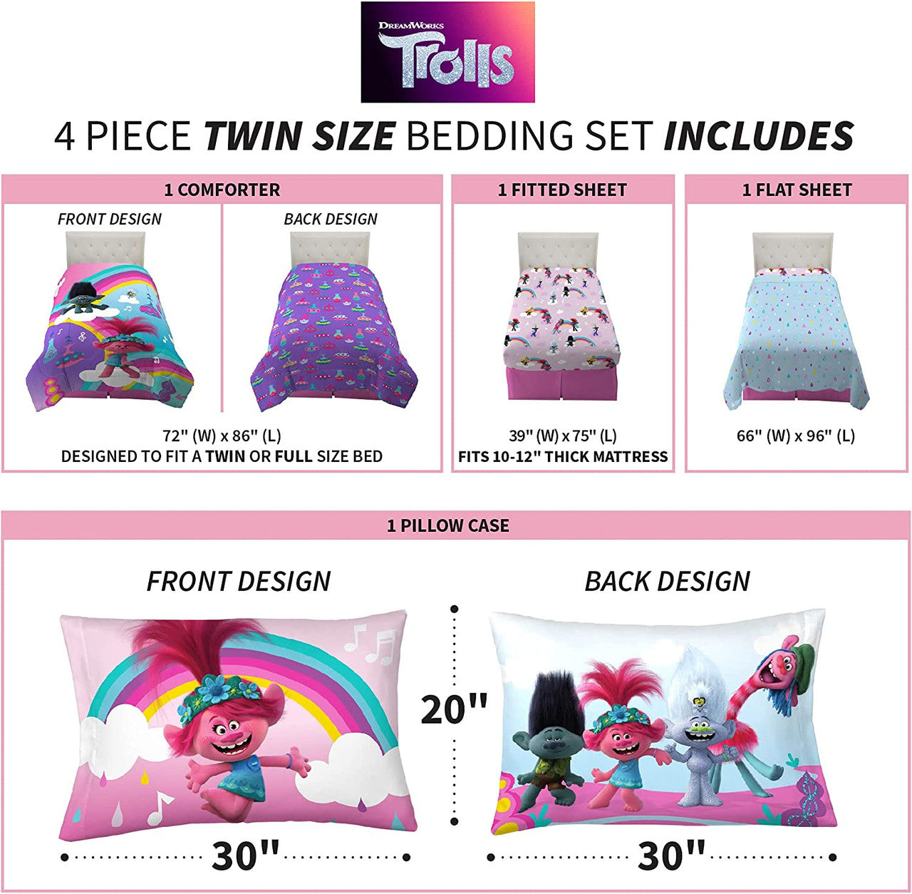 Trolls World Tour 4 Piece Twin size Bedding Set
