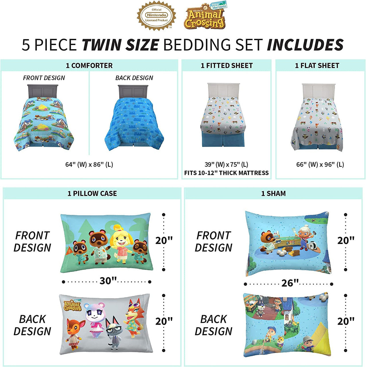 Animal Crossing 5 Pc Twin Bed Set