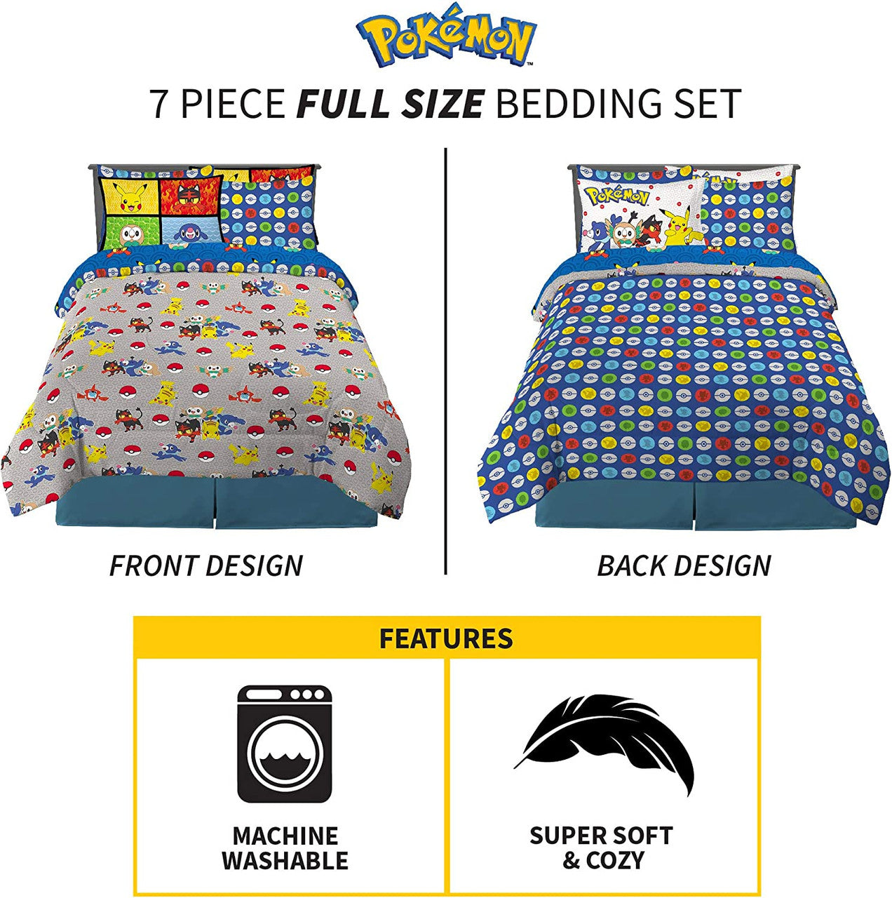 Pokemon Anime 7 Piece Full Comforter and Sheet Set with Sham