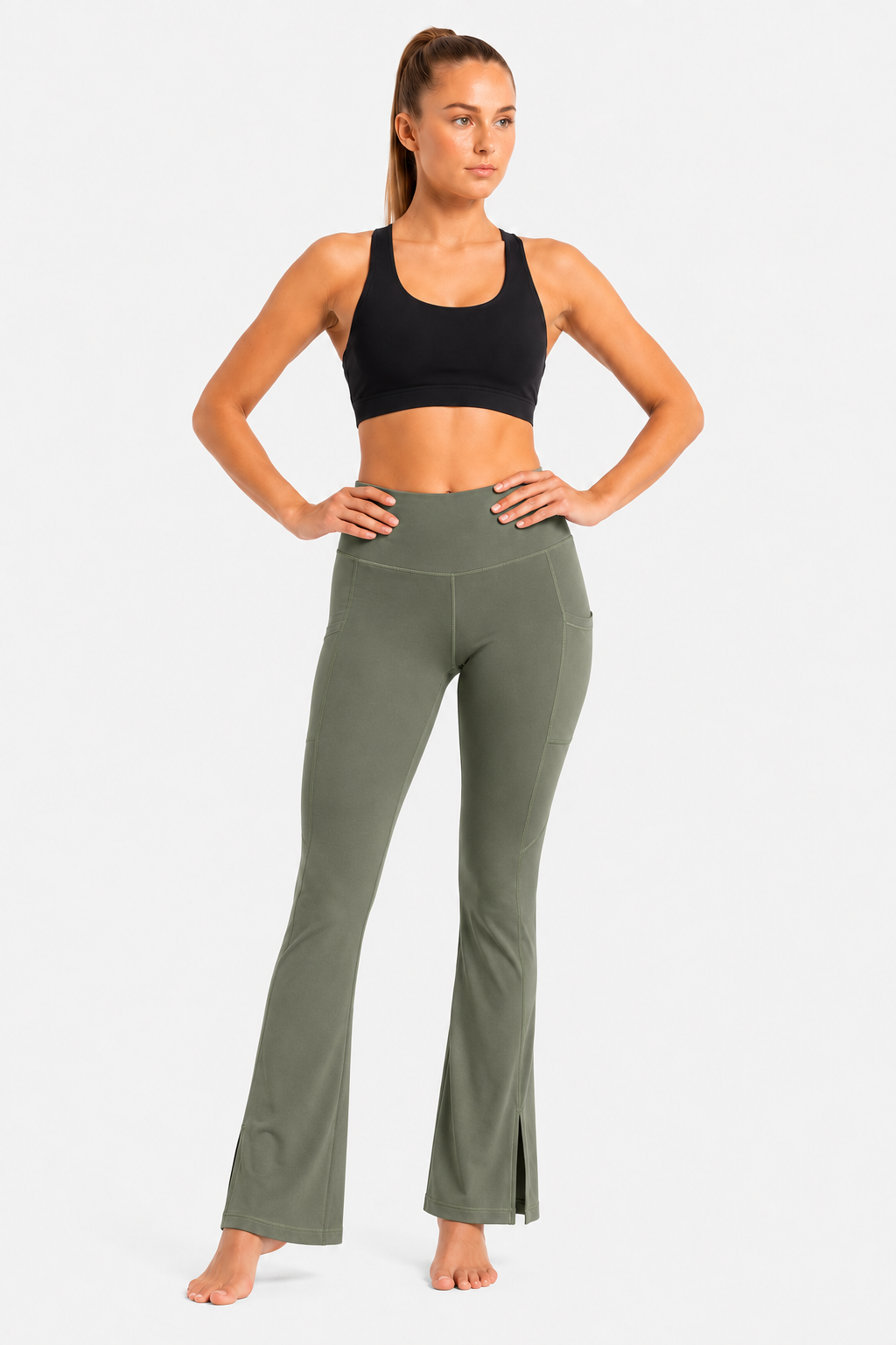 New York Laundry Women's High-Waisted Flare Yoga Pants with Side Pockets and Hem Slits, Olive Green