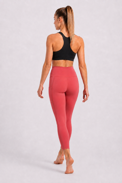 New York Laundry Women's 7/8 High-Waisted Leggings with Side Pockets, Coral Pink / Dusty Rose