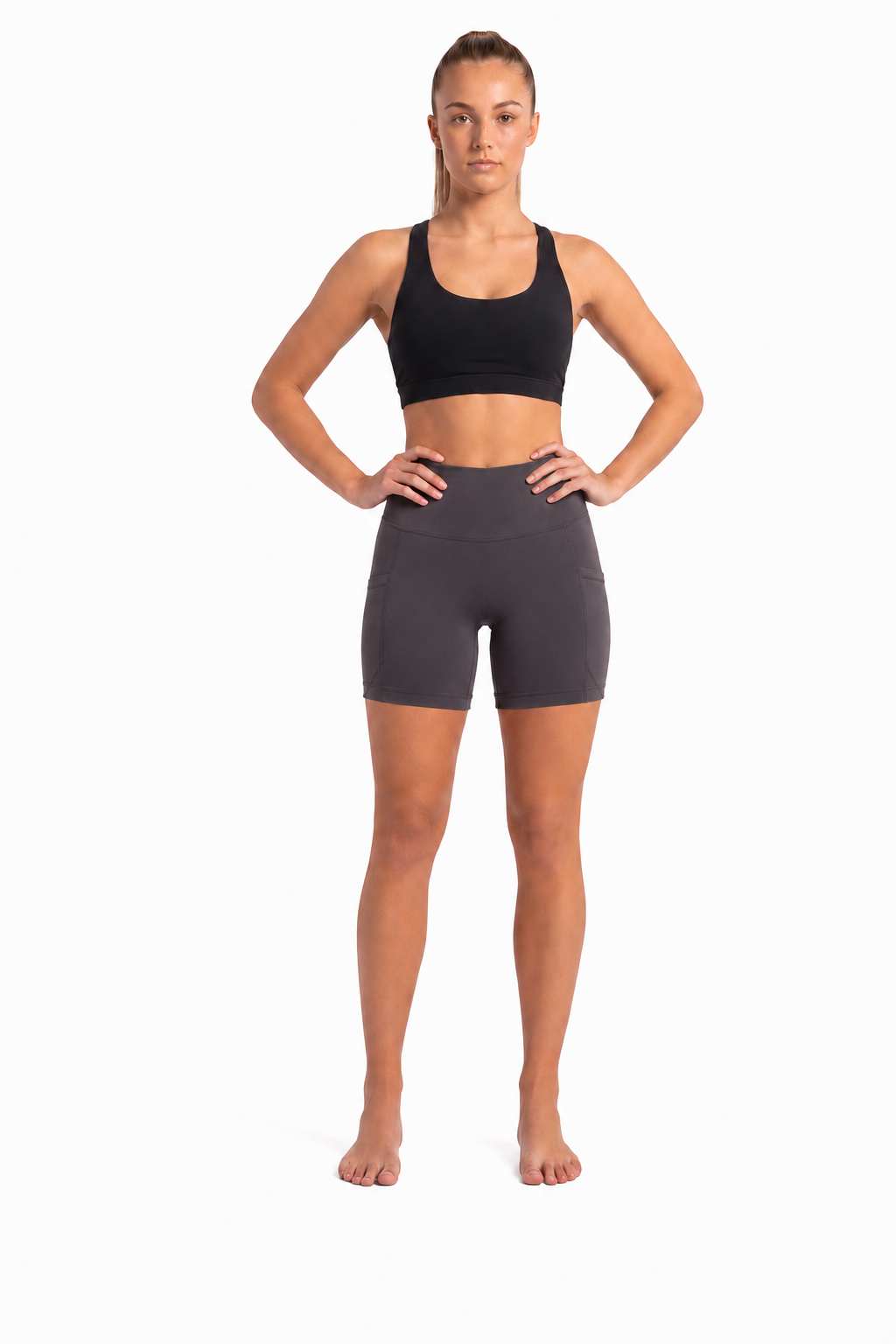 New York Laundry Women's 7-Inch High-Waisted Biker Shorts with Side Pockets, Charcoal Grey
