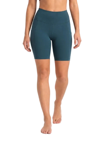 New York Laundry Women's 7-Inch High-Waisted Biker Shorts with Side Pockets, Teal / Dark Green