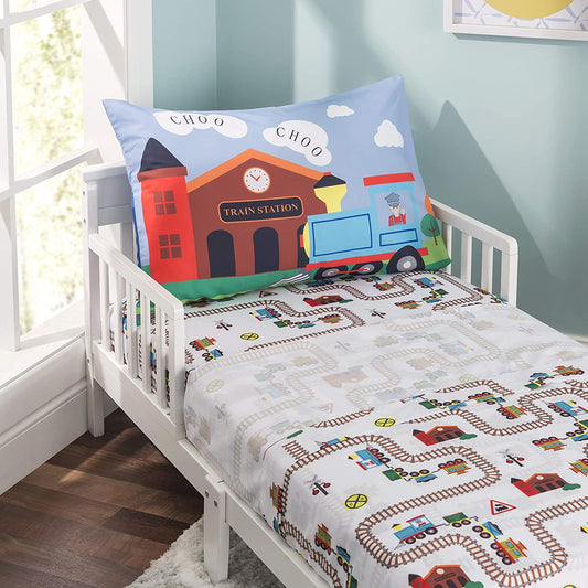 Everyday Kids 3-Piece Toddler Fitted Sheet, Flat Sheet and Pillowcase Set - Choo Choo Train