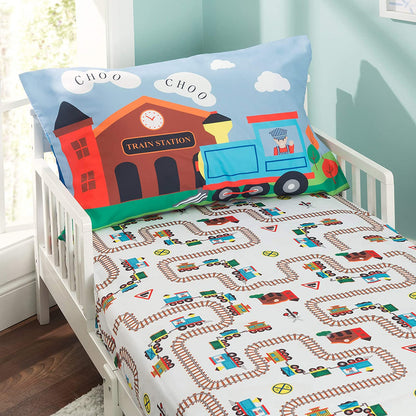 Everyday Kids 3-Piece Toddler Fitted Sheet, Flat Sheet and Pillowcase Set - Choo Choo Train