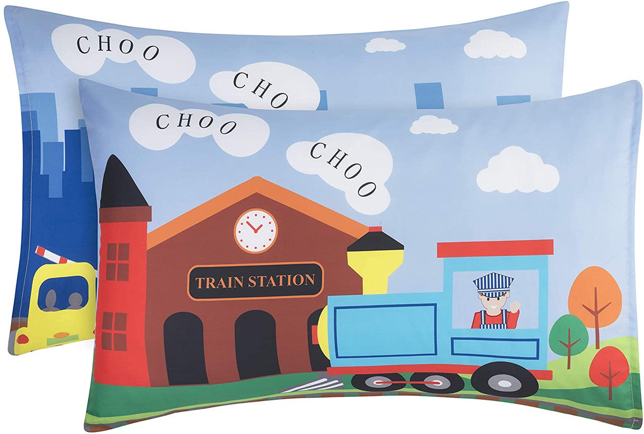 Everyday Kids 3-Piece Toddler Fitted Sheet, Flat Sheet and Pillowcase Set - Choo Choo Train