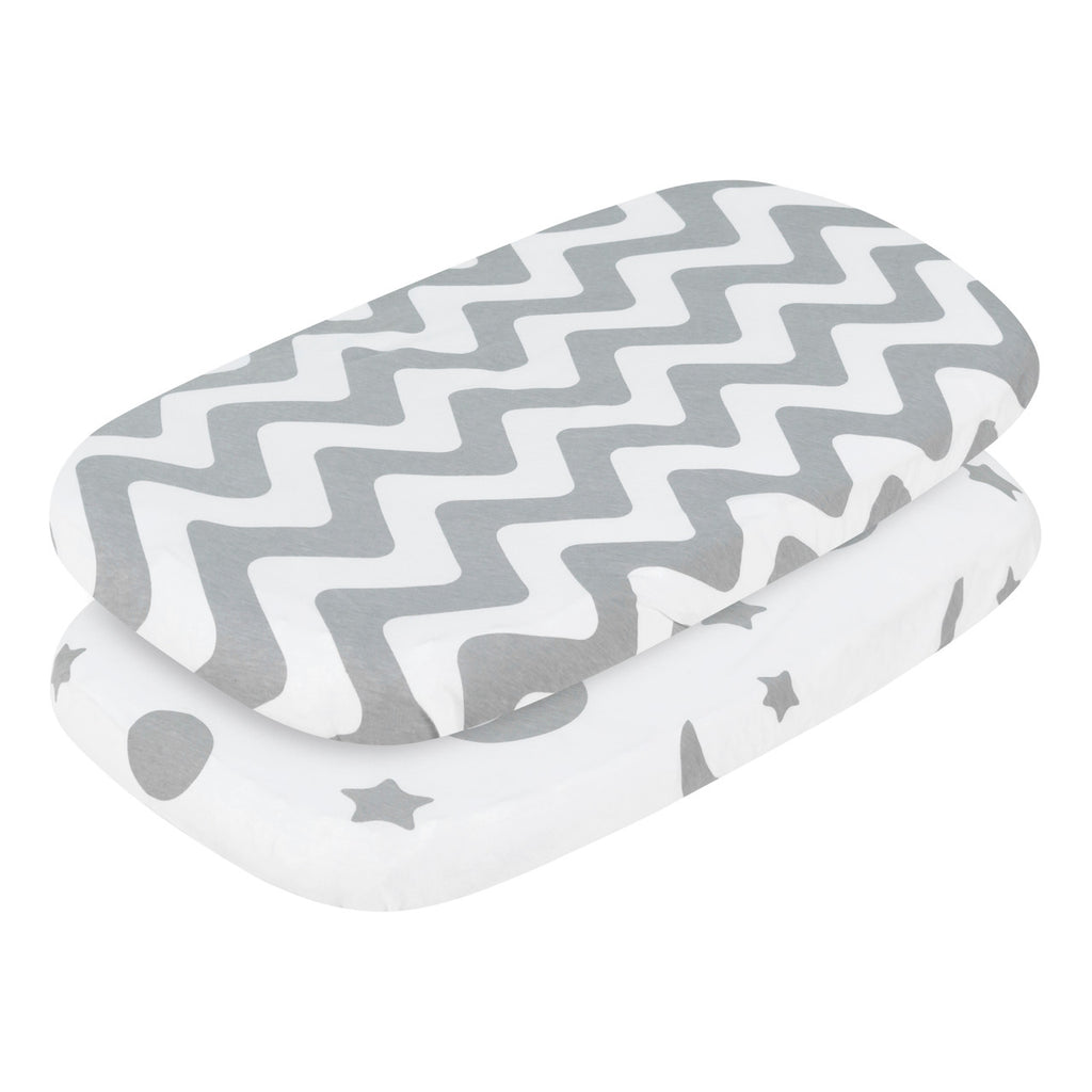 EVERYDAY KIDS 2 Pack Bassinet Sheet Set - Gray/White Chevron & Moon Stars