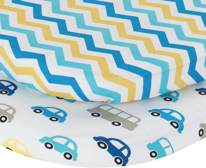 Everyday Kids 2 Pack Bassinet Sheets - Cars/Chevron