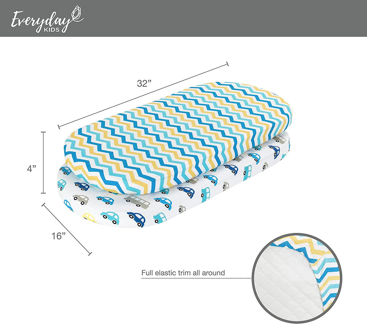 Everyday Kids 2 Pack Bassinet Sheets - Cars/Chevron