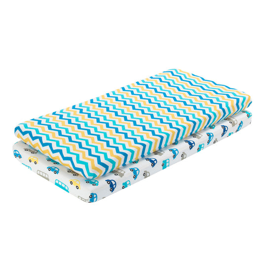EVERYDAY KIDS 2 Pack Cotton Jersey Knit Cradle Sheet Set - Cars/Chevron