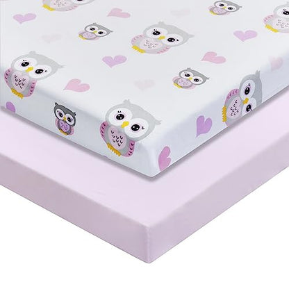 2 PK Portable Crib Sheet - Owls and Pink