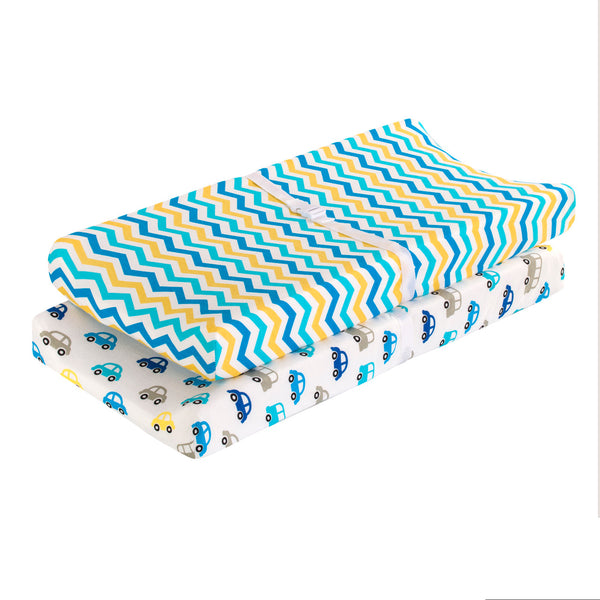 EVERYDAY KIDS 2 Pack Cotton Jersey Knit Changing Pad Cover - Cars/Chevron