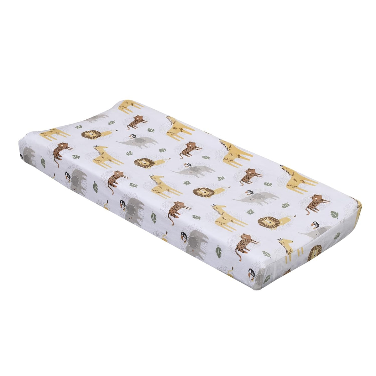 NoJo Safari Animals Contoured Changing Pad Cover, Jungle Elephant, Giraffe, Lion & Cheetah Baby Diaper Pad Cover, Neutral Grey and Gold