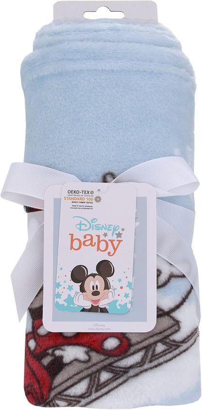 Disney Mickey and Minnie Mouse Holiday Baby Blanket, 30x40 "Oh, What Fun!" Winter Sledding Fleece Blanket, Light Blue
