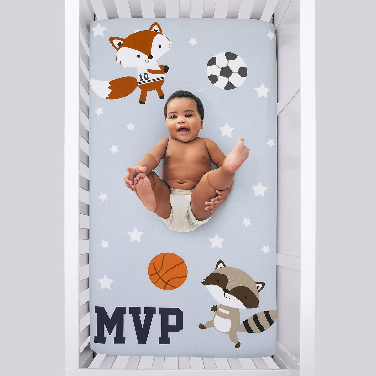NoJo All-Star Sports 100% Cotton Photo Op Fitted Crib Sheet, Woodland Animals MVP Baby Bed Sheet, Heather Grey, Navy and Orange