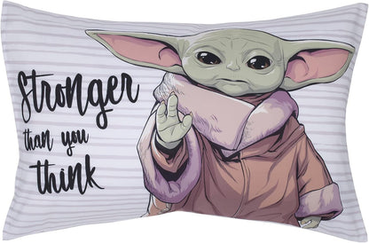 Star Wars The Mandalorian 4-Piece Toddler Bedding Set, Grogu "Stronger Than You Think" Comforter, Sheets & Pillowcase, Dusty Rose and Blue