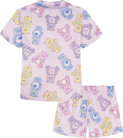 Care Bears Toddler Girls 2-Piece Pajama Set, Short Sleeve Button-Front Top and Shorts, Pink Lavender Character Print, Sleepwear, Sizes 2T-4T
