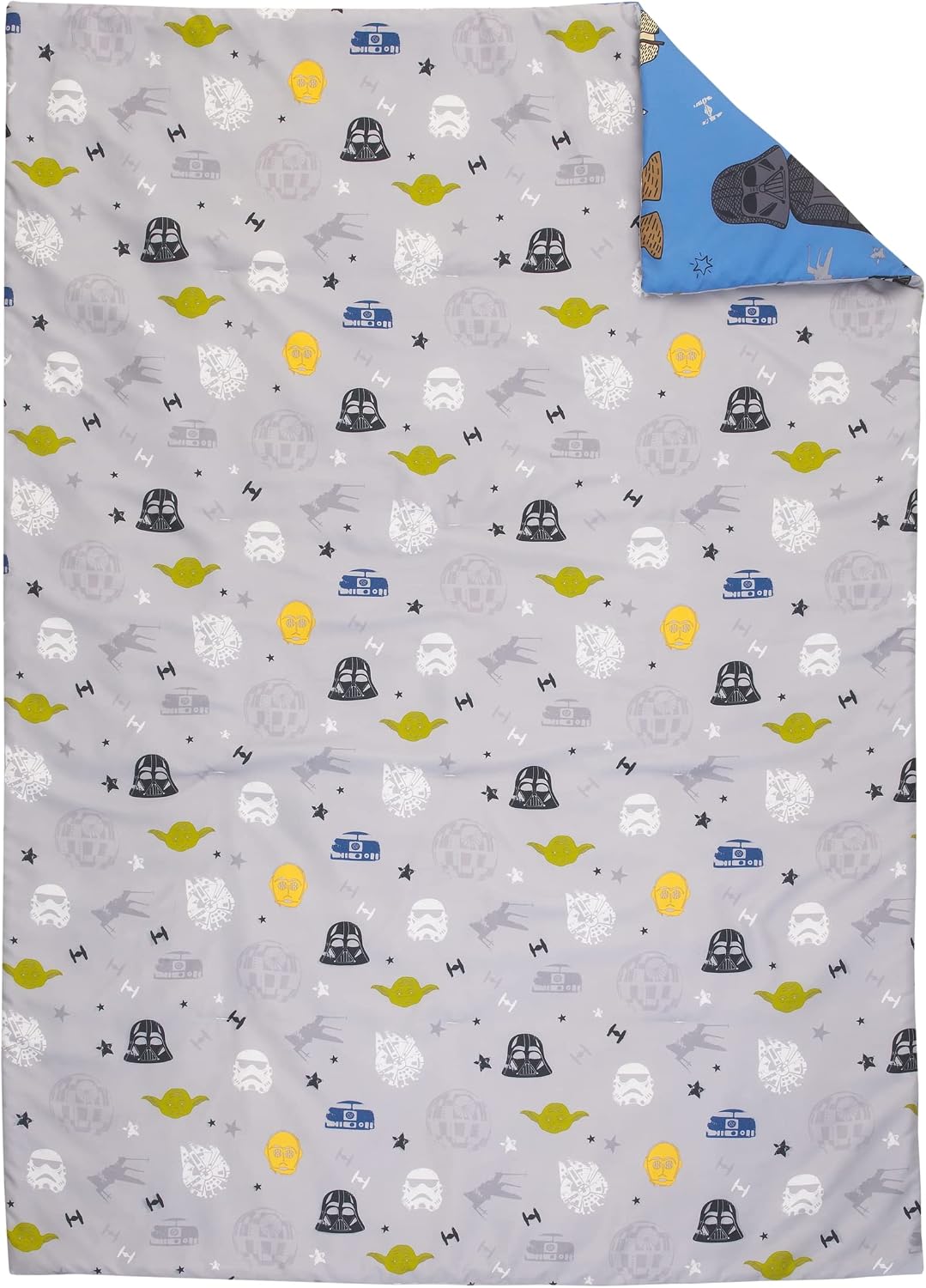 Star Wars Classic 4-Piece Toddler Bedding Set, Quilt, Fitted Sheet, Flat Sheet & Reversible Pillowcase with Travel Tote, Blue and Grey