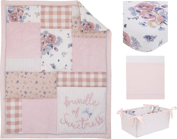 NoJo Farmhouse 4-Piece 100% Cotton Crib Bedding Set, Sweet Floral Patchwork Comforter, Fitted Crib Sheet, Dust