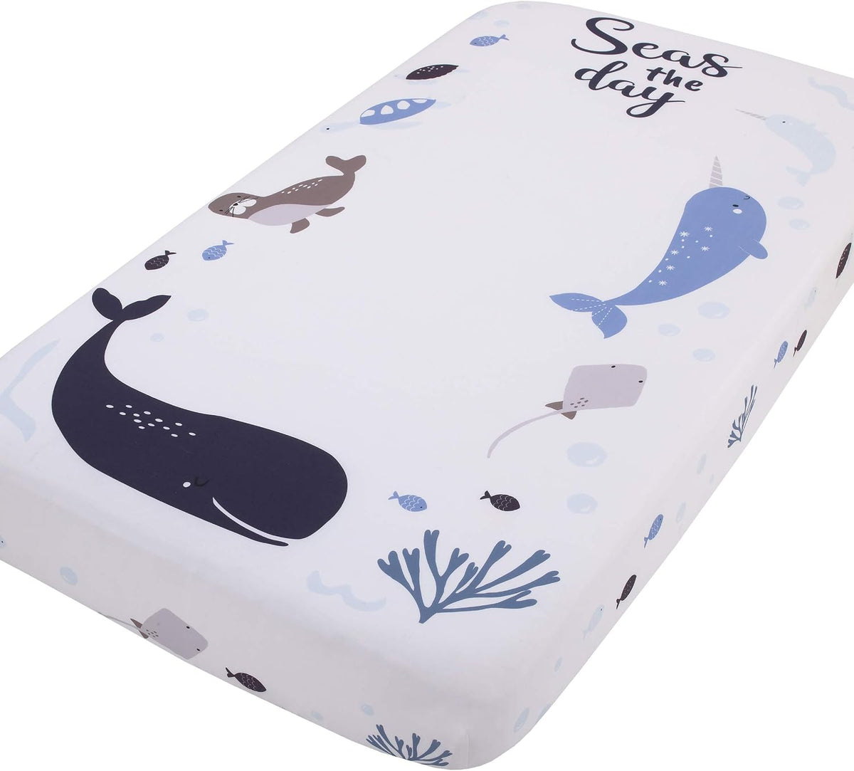 NoJo Ocean "Seas the Day" 100% Cotton Photo Op Fitted Crib Sheet, Whale, Narwhal & Seal Baby Bed Sheet, Navy, Slate Blue and White