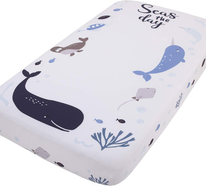 NoJo Ocean "Seas the Day" 100% Cotton Photo Op Fitted Crib Sheet, Whale, Narwhal & Seal Baby Bed Sheet, Navy, Slate Blue and White