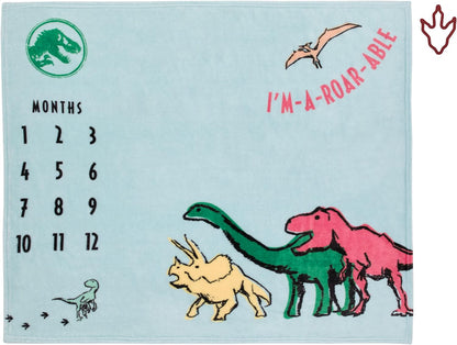 Jurassic World Dinosaurs Plush Milestone Baby Blanket, 40x50 Monthly Photo Op Fleece Blanket with Trackers, T-Rex & Triceratops, Light Blue