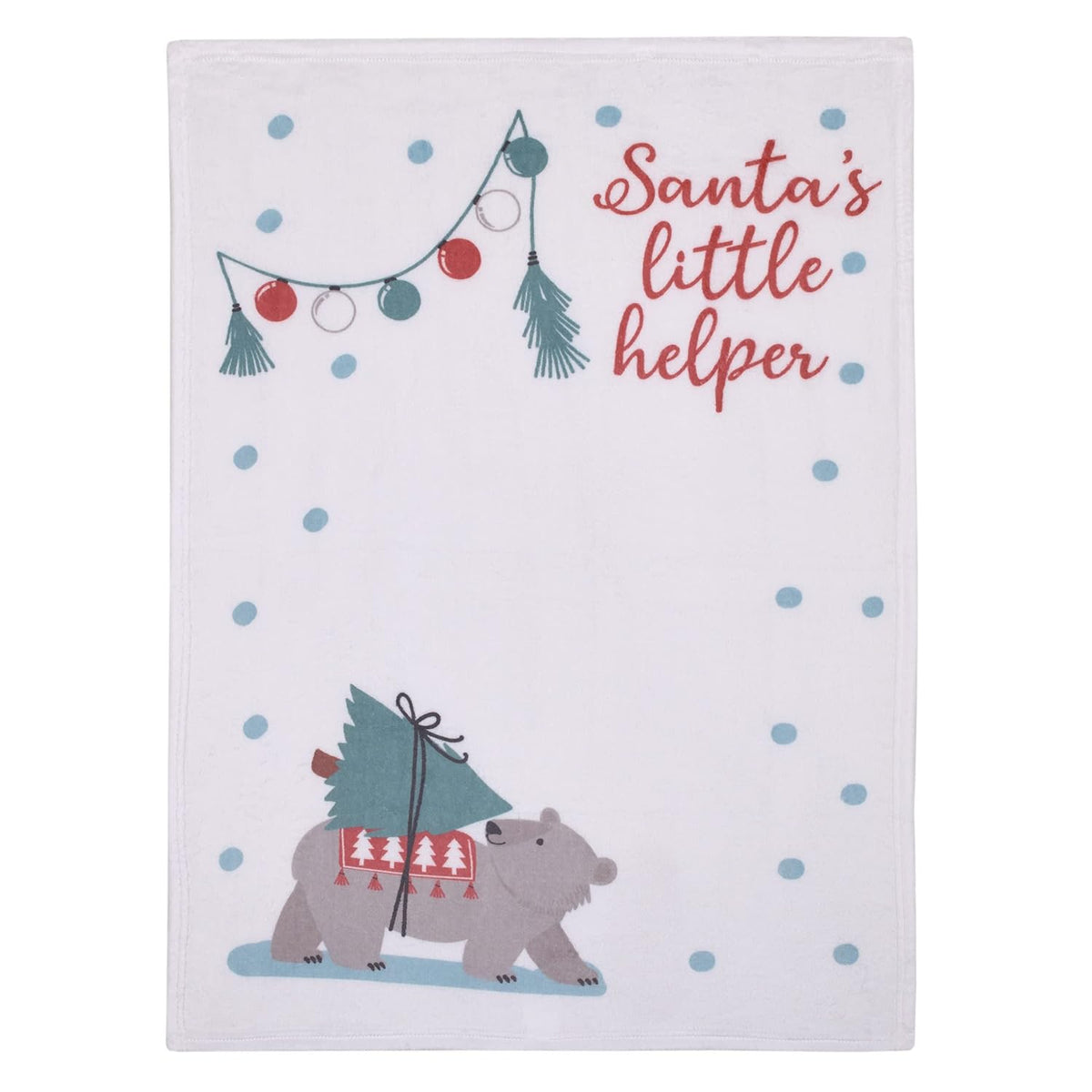 NoJo Santa's Little Helper Plush Baby Blanket, 30x40 Holiday Photo Op Milestone Blanket with Christmas Bear & Garland, White, Red and Slate Blue