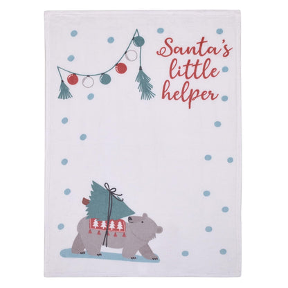 NoJo Santa's Little Helper Plush Baby Blanket, 30x40 Holiday Photo Op Milestone Blanket with Christmas Bear & Garland, White, Red and Slate Blue