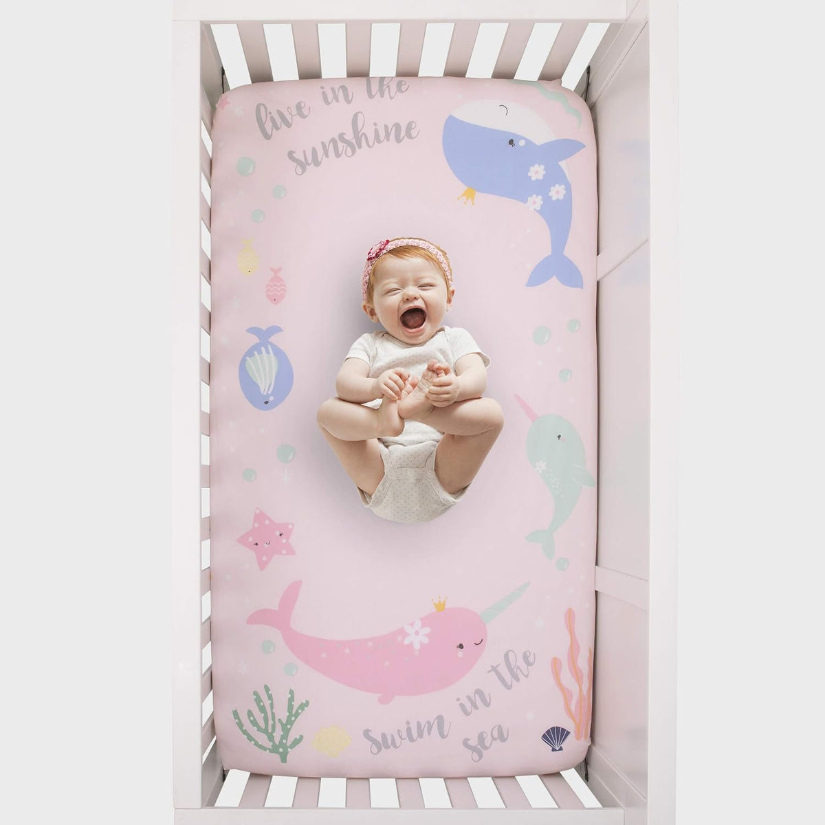 NoJo Under the Sea Narwhal 100% Cotton Photo Op Fitted Crib Sheet, "Swim in the Sea" Whale Baby Bed Sheet, Soft Pink, Mint and Lavender