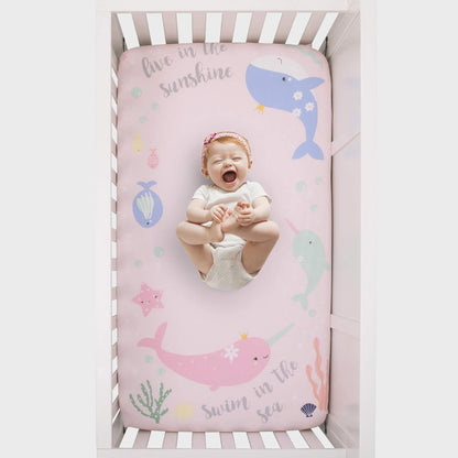 NoJo Under the Sea Narwhal 100% Cotton Photo Op Fitted Crib Sheet, "Swim in the Sea" Whale Baby Bed Sheet, Soft Pink, Mint and Lavender