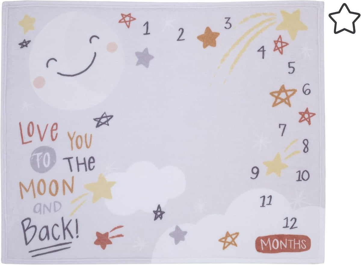 NoJo "Love You to the Moon and Back" Monthly Milestone Baby Blanket with Star Felt Marker, 40x50 Celestial Fleece Photo Op Blanket, Grey and Gold
