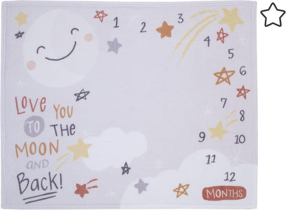 NoJo "Love You to the Moon and Back" Monthly Milestone Baby Blanket with Star Felt Marker, 40x50 Celestial Fleece Photo Op Blanket, Grey and Gold
