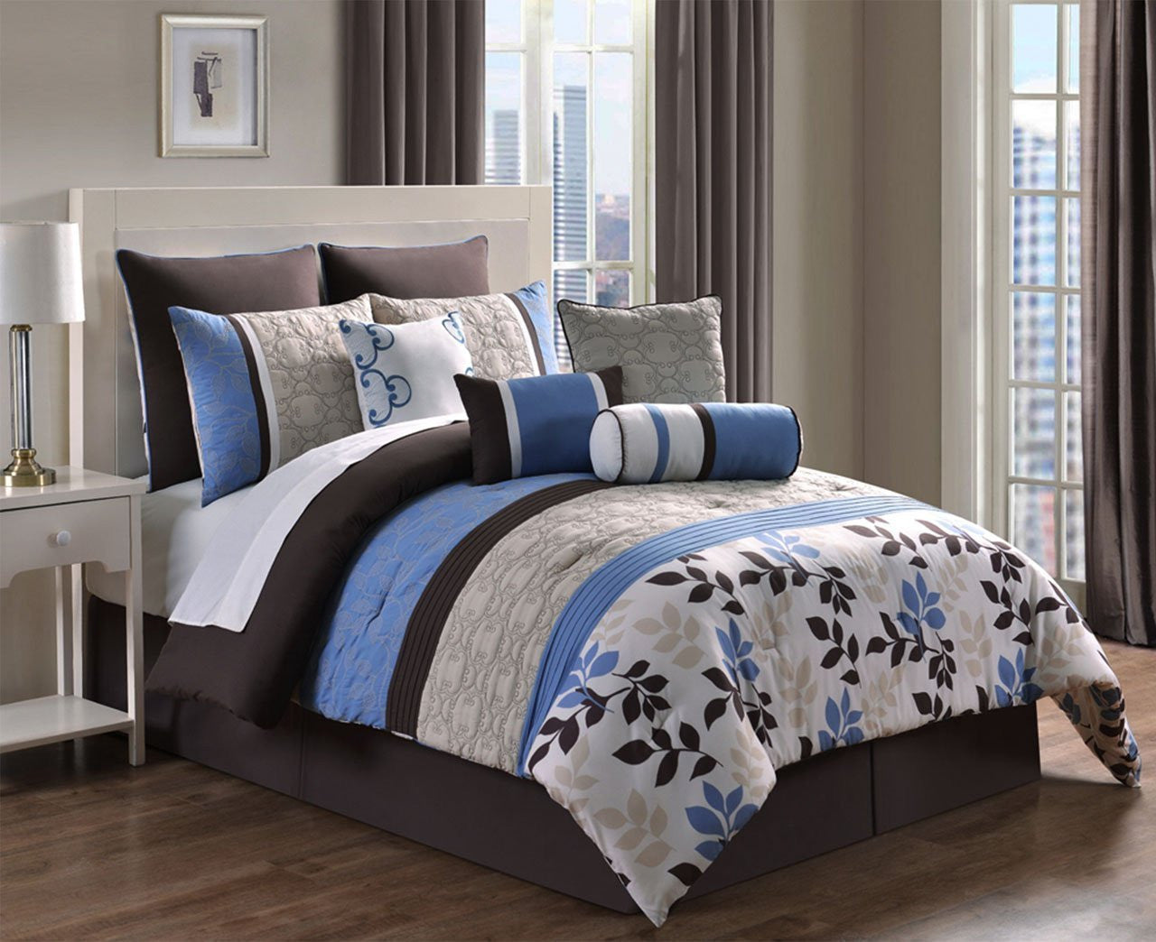 10 Piece Cal King Eve Blue and Chocolate Reversible Comforter Set