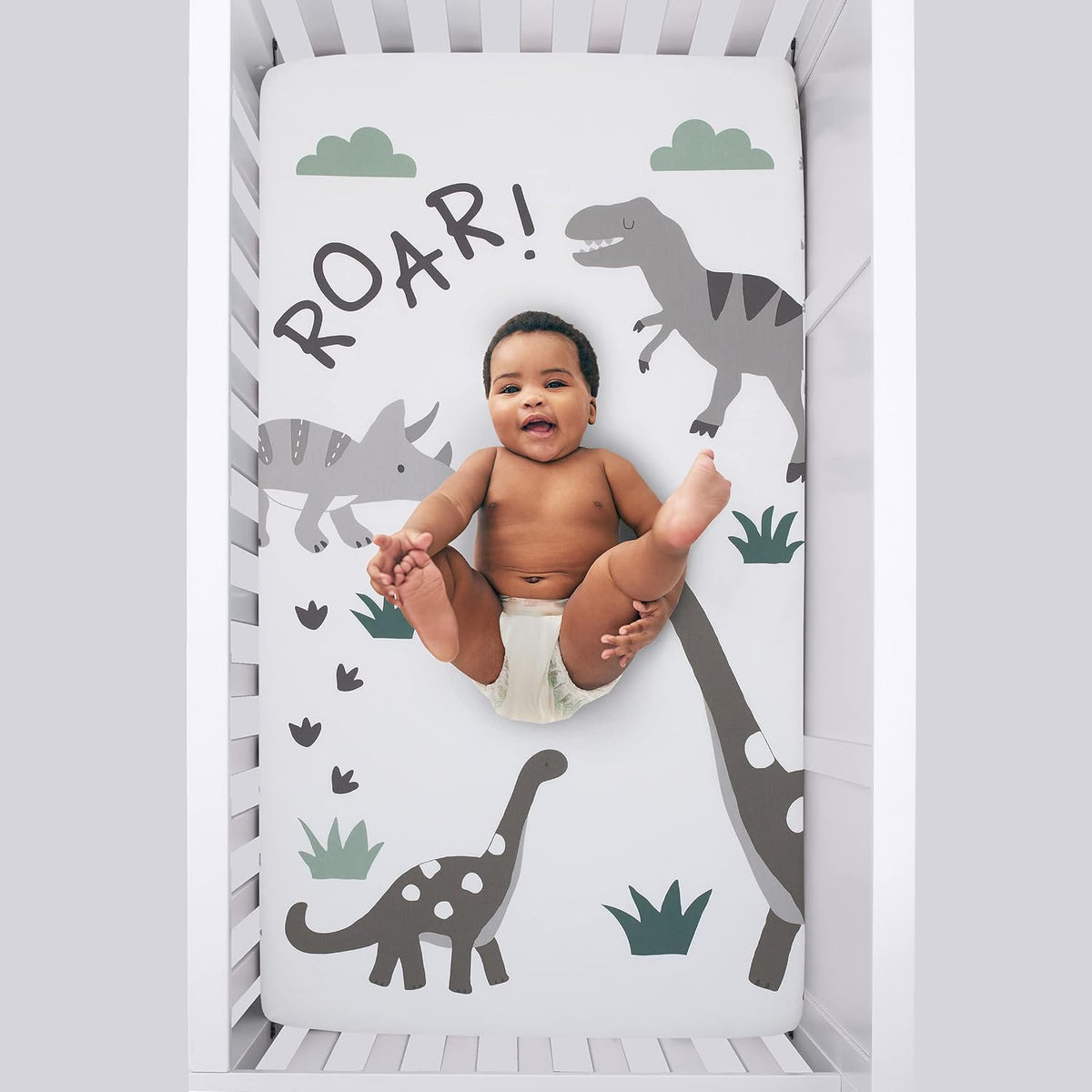 NoJo Baby-Saurus Photo Op ROAR Fitted Crib Sheet, Prehistoric Dinosaur Nursery Bedding, Grey, Sage Green and White
